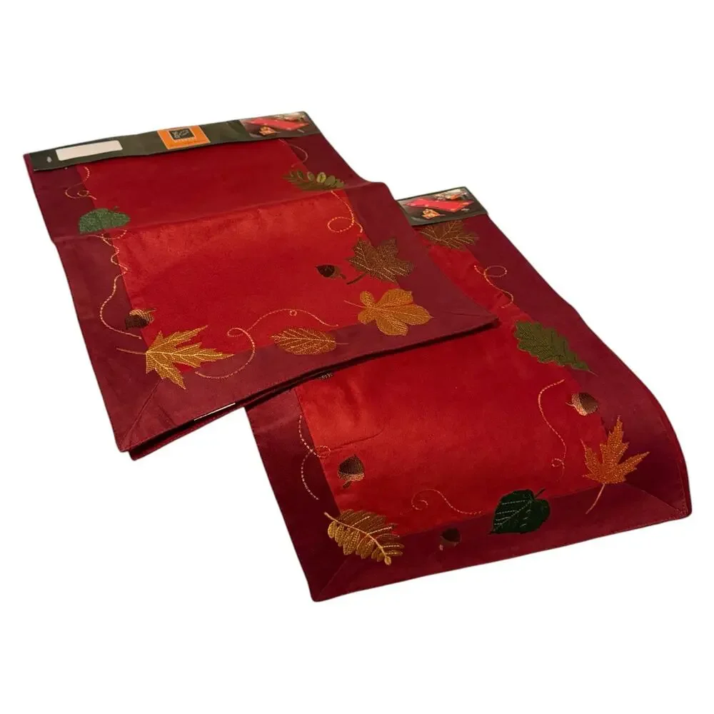 Fall Home Decor Table Runner Set of 2 Embroidered Leave Lined Microsuede 36